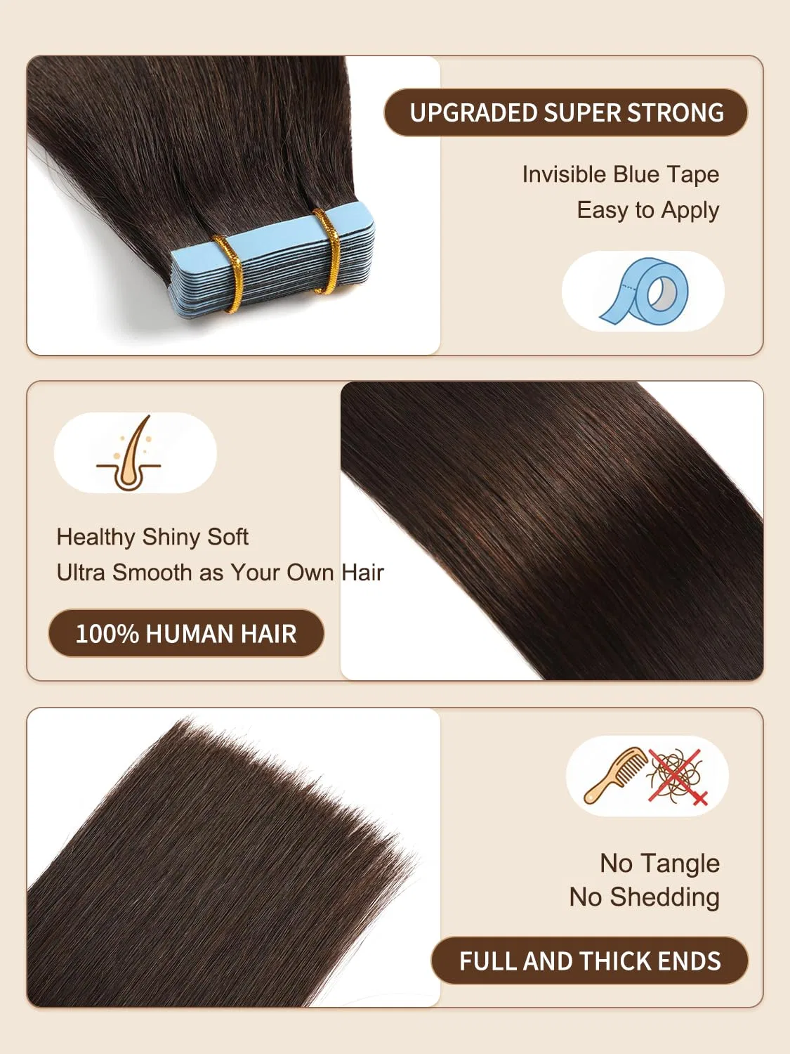 Накладные пряди для волос на ленте из натуральных волос Yilite Yilite, #2 Dark Brown — фото 2