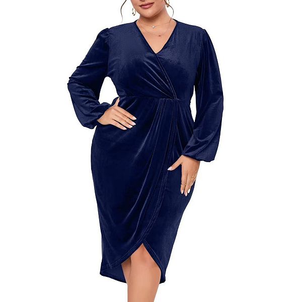 

Женское платье plus size velvet casual party cocktail v neck long sleeve bodycon wrap Clearflower, Navy Blue