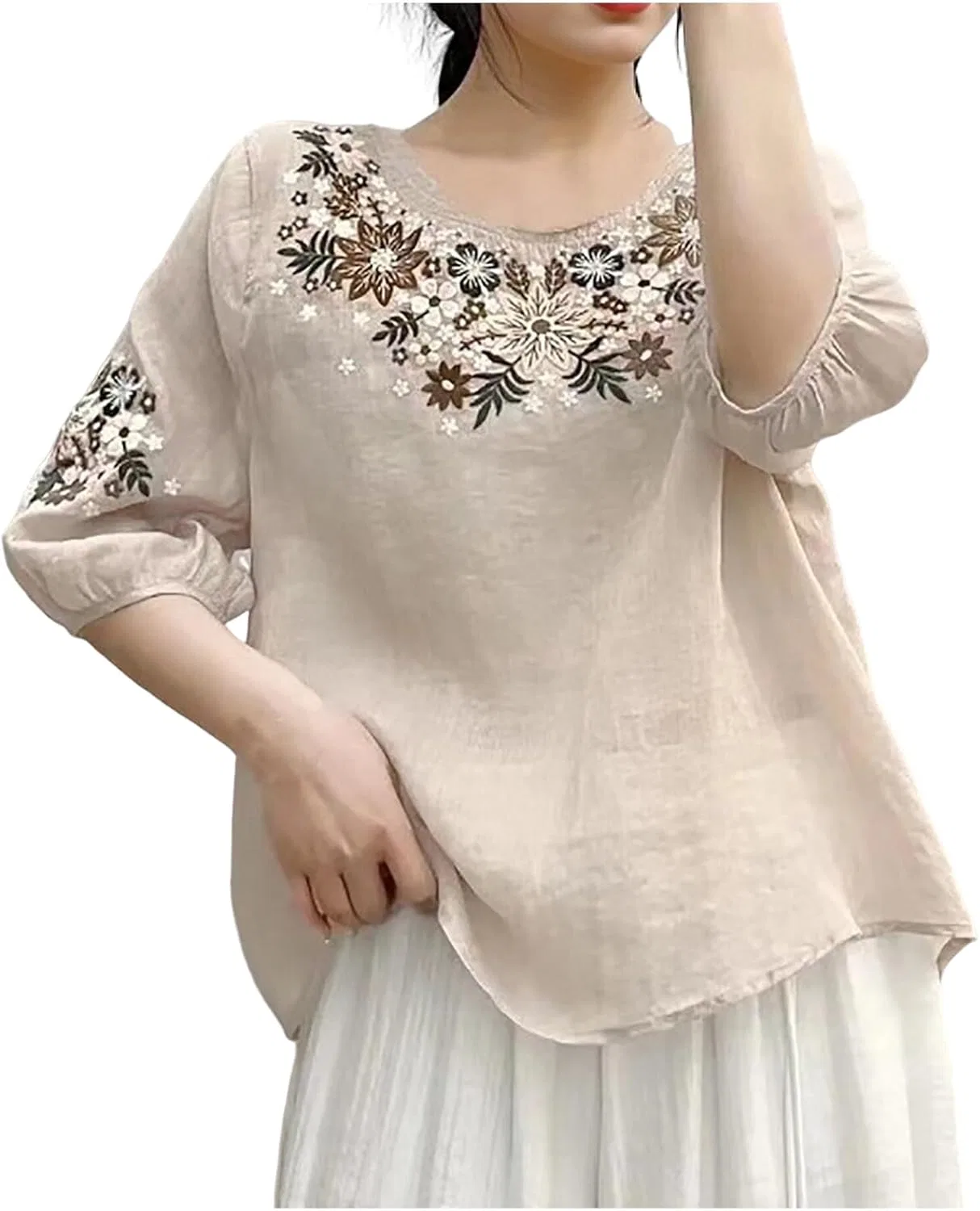 Футболка из хлопка и льна, свободная, Casual, бежевый