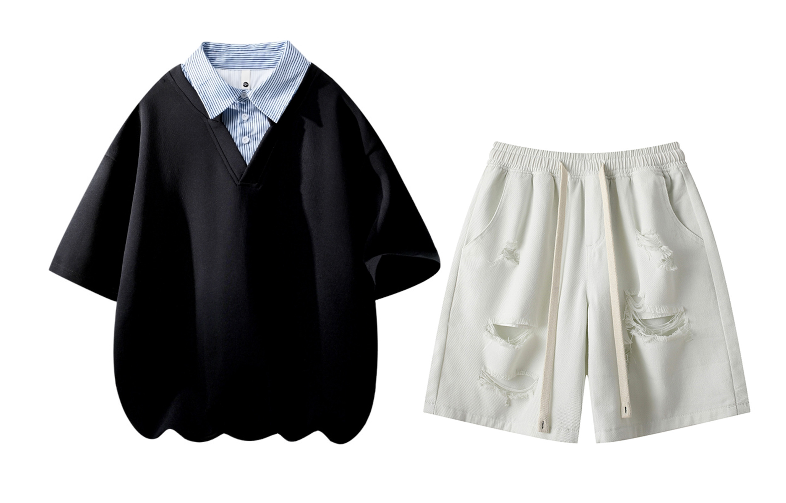 

Повседневная спортивная футболка-поло Unisex с воротником X1617, черный short-sleeved shirt+белый ripped shorts