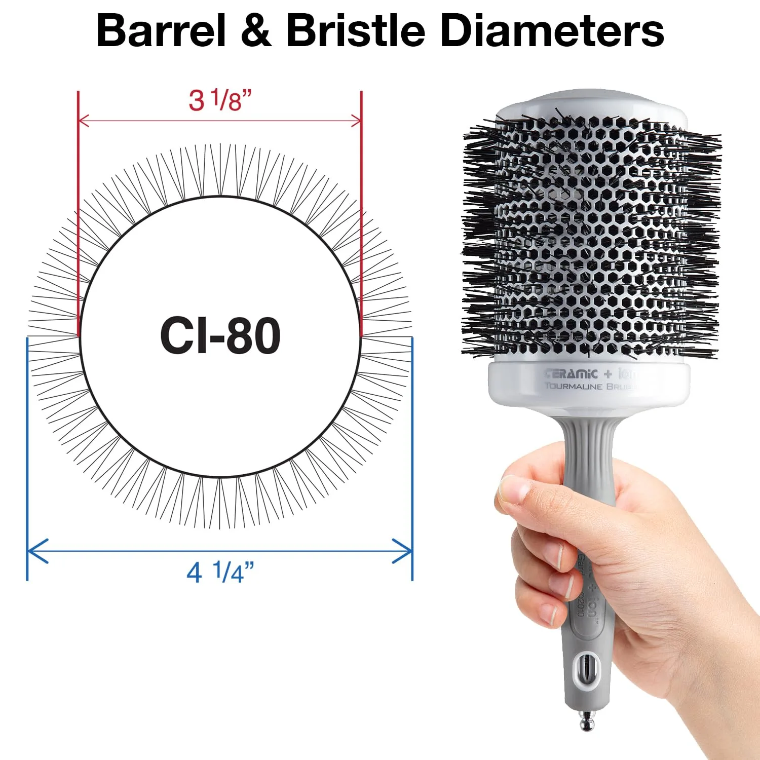 Термощетка для укладки волос Olivia Garden Ceramic + Ion Round Thermal Hair Brush - не электрическая - профессиональная щетка для нормальных и густых волос. CI-80 (10,8 см), White/Grey — фото 2