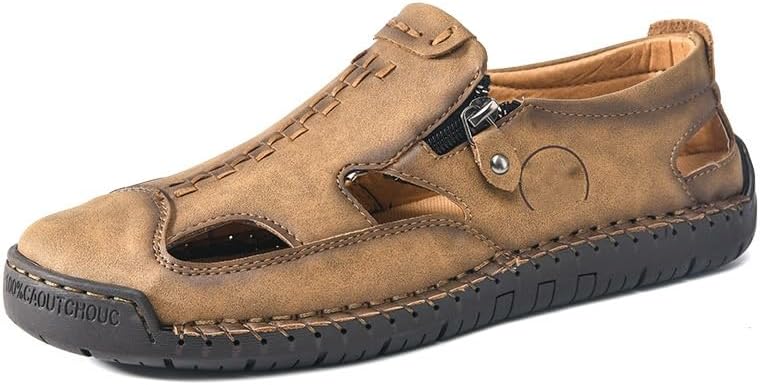 

Мужские кожаные спортивные сандалии с вырезами, повседневные с закрытым носком, на шлепанце, римские, для улицы и пляжа, с молнией, обувь рыбака Generic, желтый