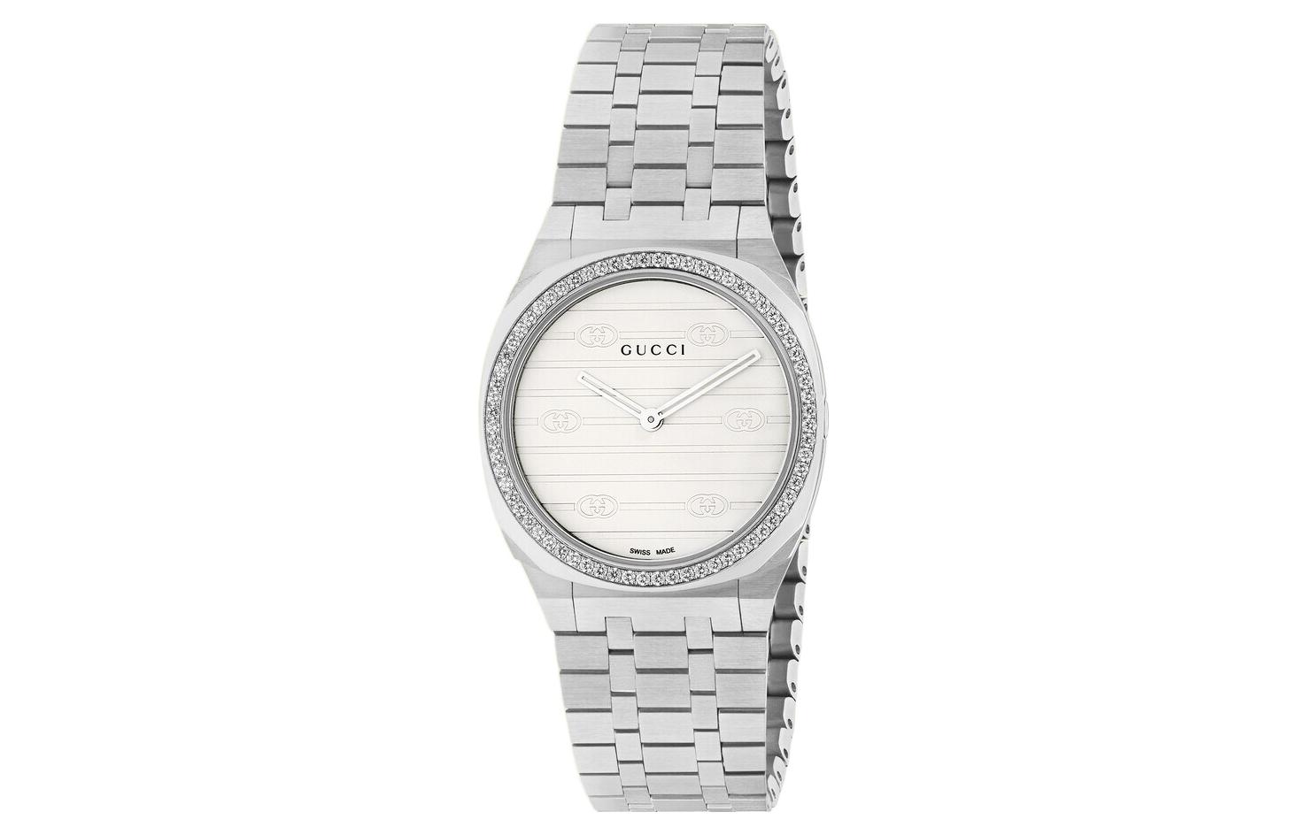 

GUCCI Наручные часы 25H, кварцевый механизм, браслет из нержавеющей стали, 30 мм, белый циферблат, женские, водонепроницаемость 30 м