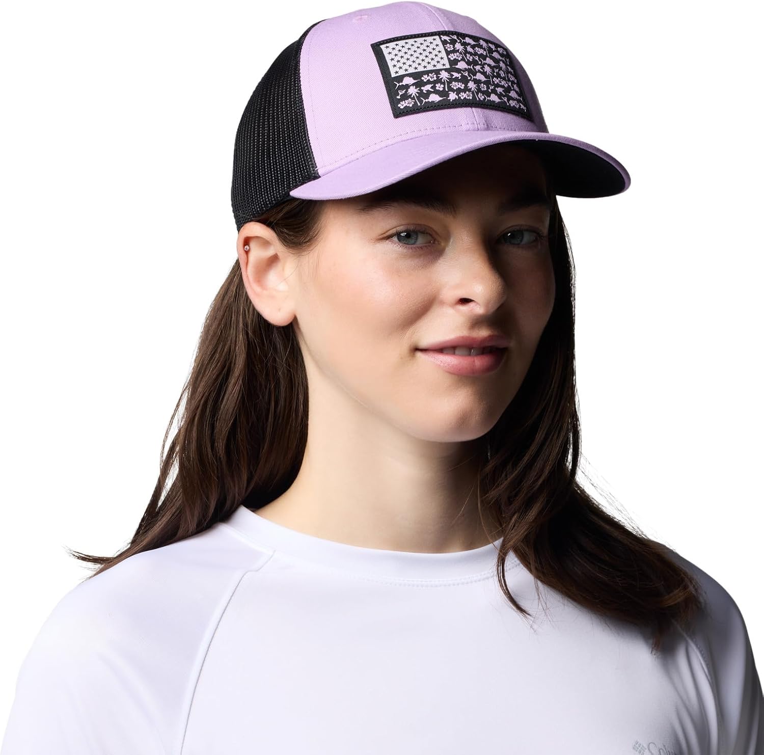 

Columbia Women's PFG Fish Flag Snap Back, Hydrangea/Black/Fish & Friends Flag