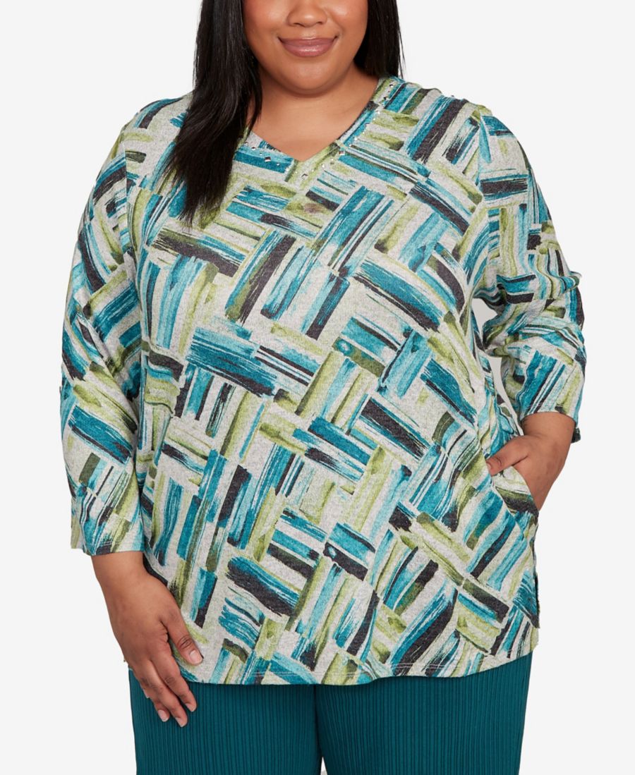 

Топ больших размеров с V-образным вырезом и мазками кисти, модель Lake Champlain Alfred Dunner, Spruce