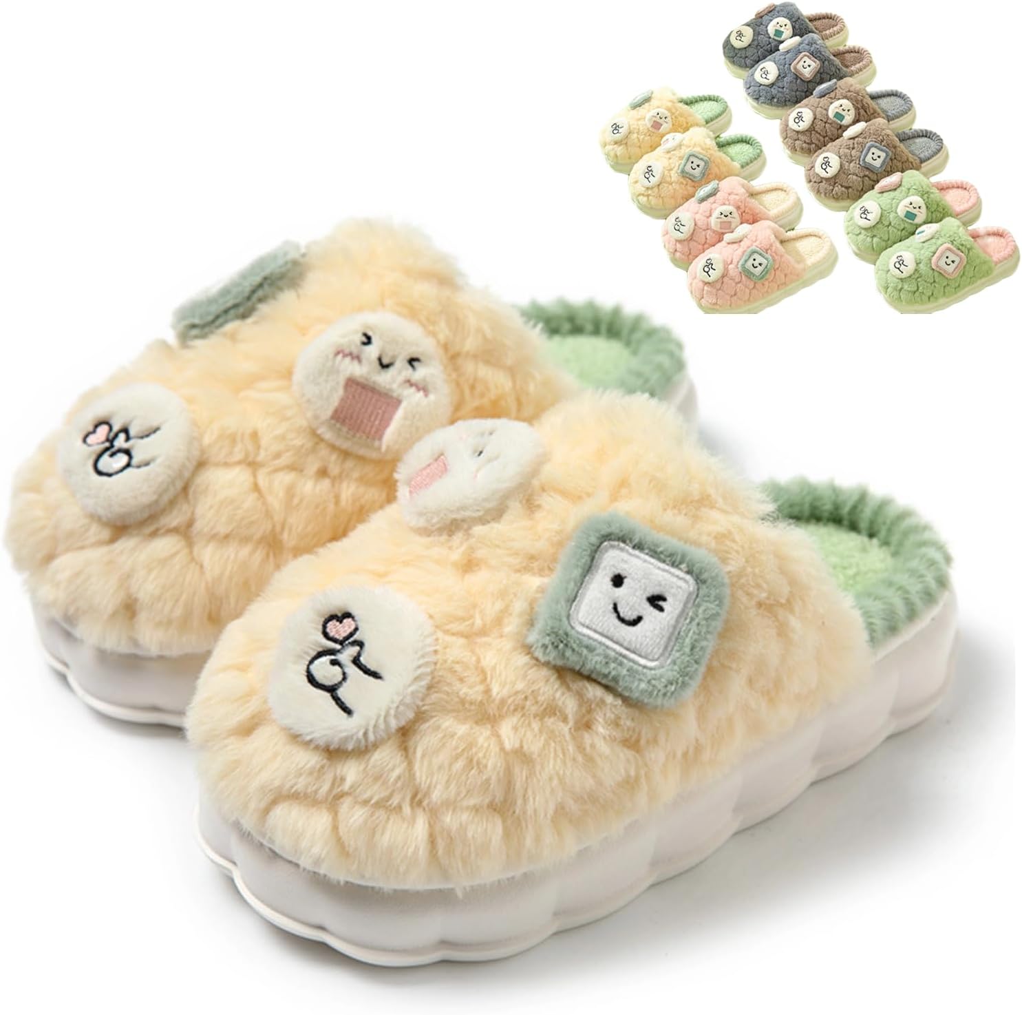 

Теплые пушистые тапочки FRZTOUR для женщин и мужчин - милые домашние тапочки с мультяшной улыбкой и пушистым плюшем, удобная нескользящая обувь для дома и улицы, желтый