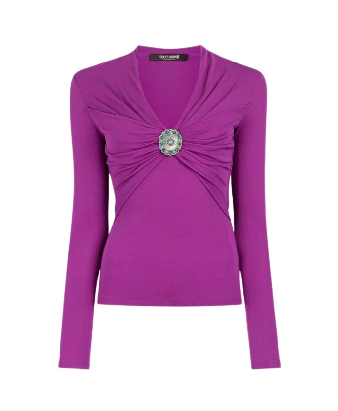 

Топ приталенного кроя с V-образным вырезом и декором Roberto Cavalli, фиолетовый