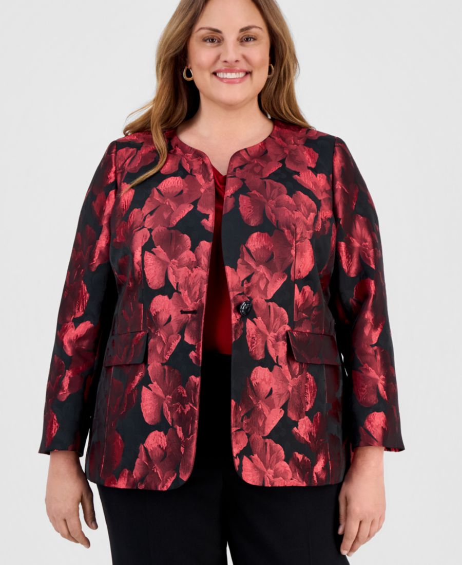 

Блейзер большого размера с цветочным жаккардовым узором и одной пуговицей Kasper, Fire Red Multi