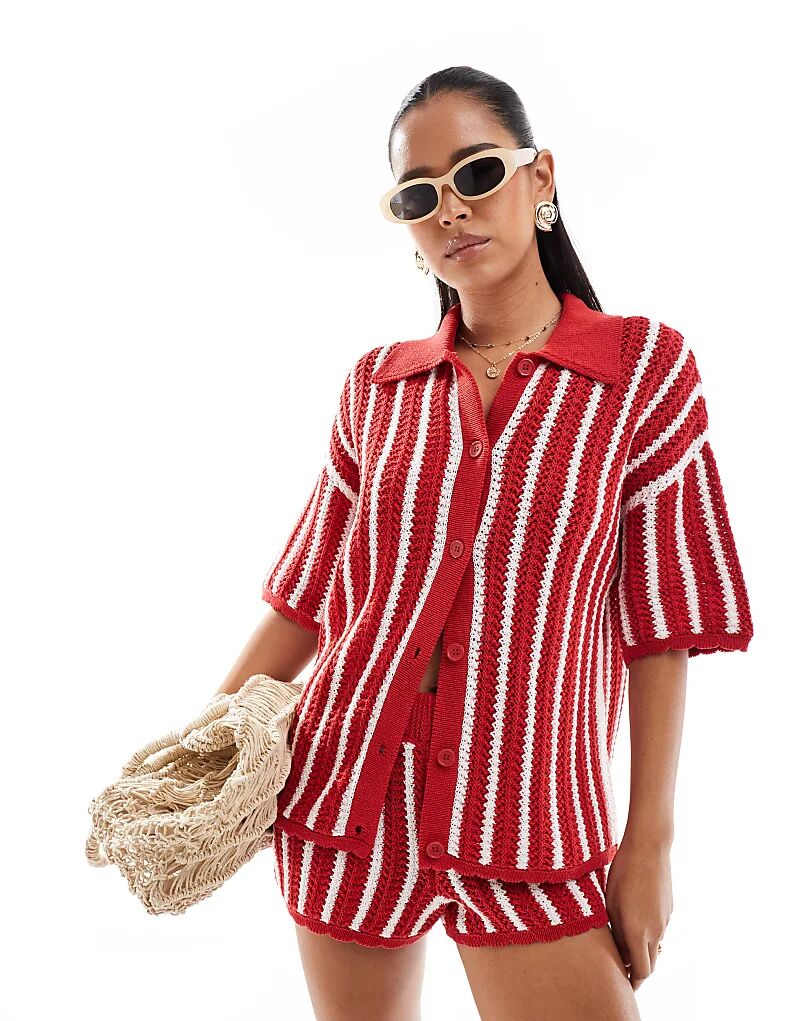 

Трикотажная рубашка ASOS DESIGN с фестончатым краем в красную полоску — часть комплекта