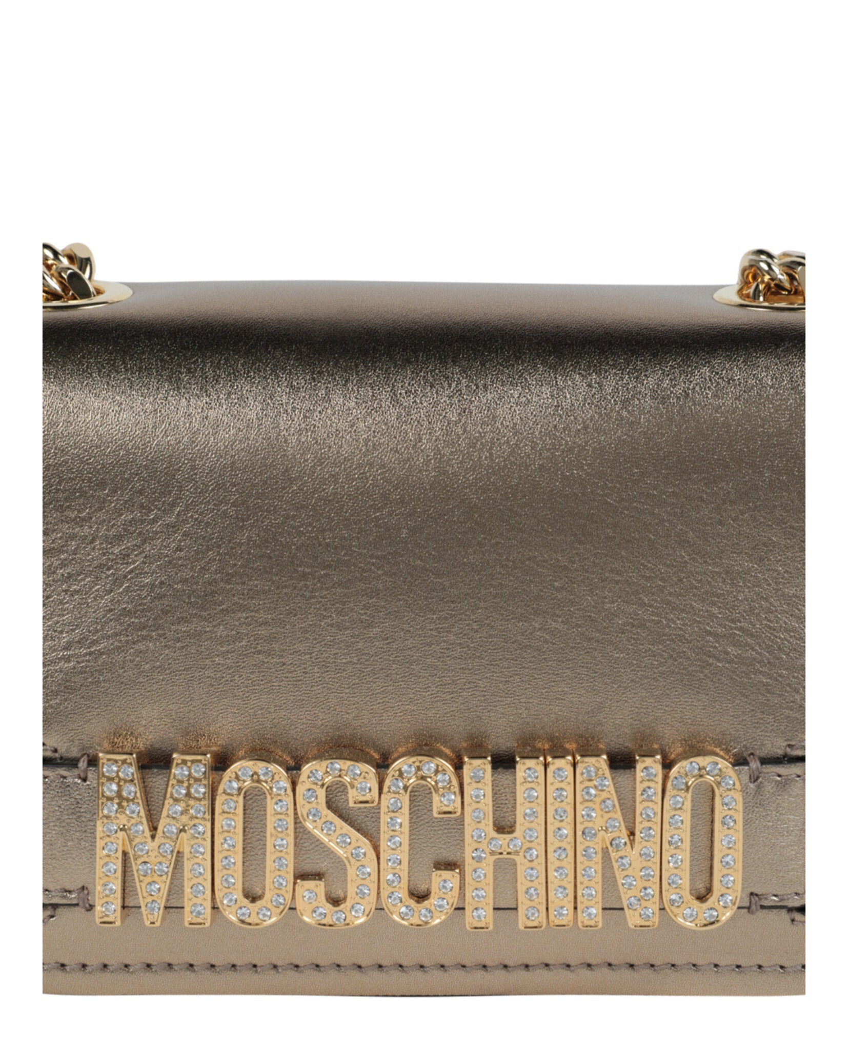 

Кожаная сумка через плечо металлик с кристаллами и логотипом Moschino, цвет Fantasy Print Beige