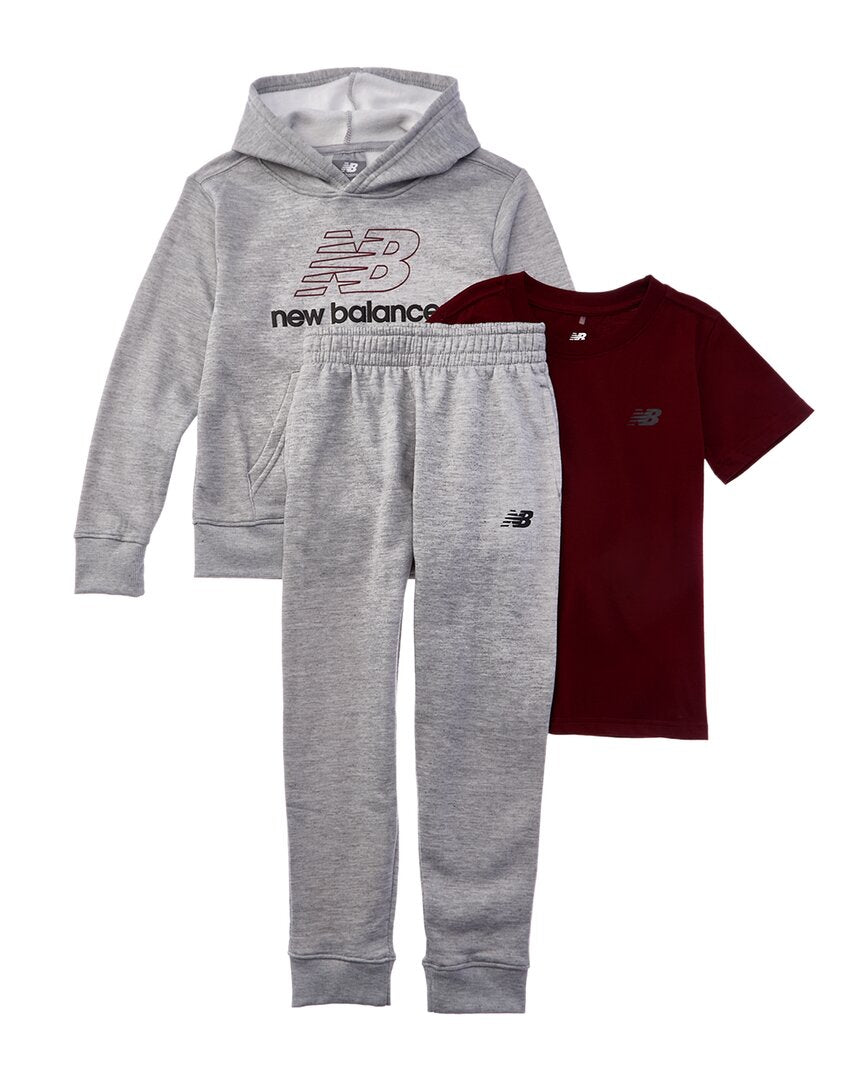 Комплект New Balance из 3 предметов: флисовая толстовка, футболка и спортивные штаны, серый — фото 2