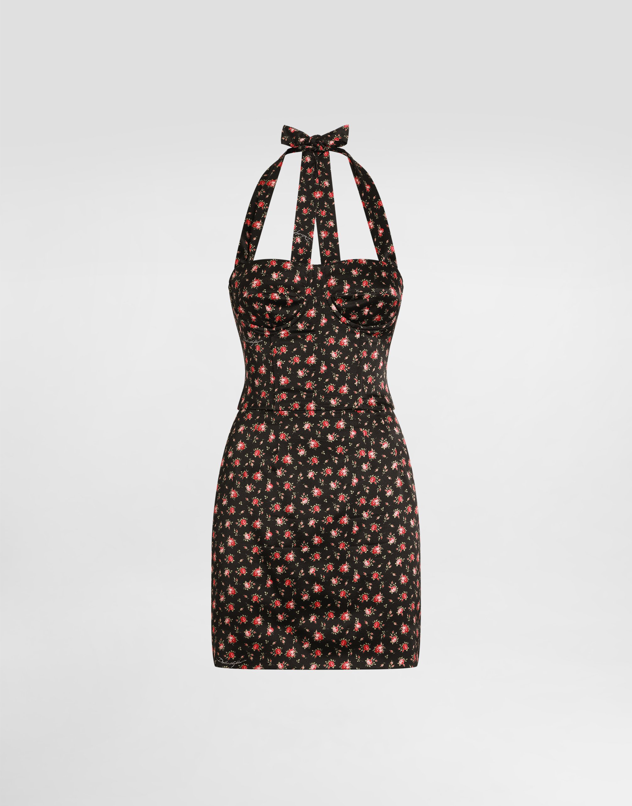 

Короткое сатиновое платье с мелким принтом роз Dolce & Gabbana, мультиколор