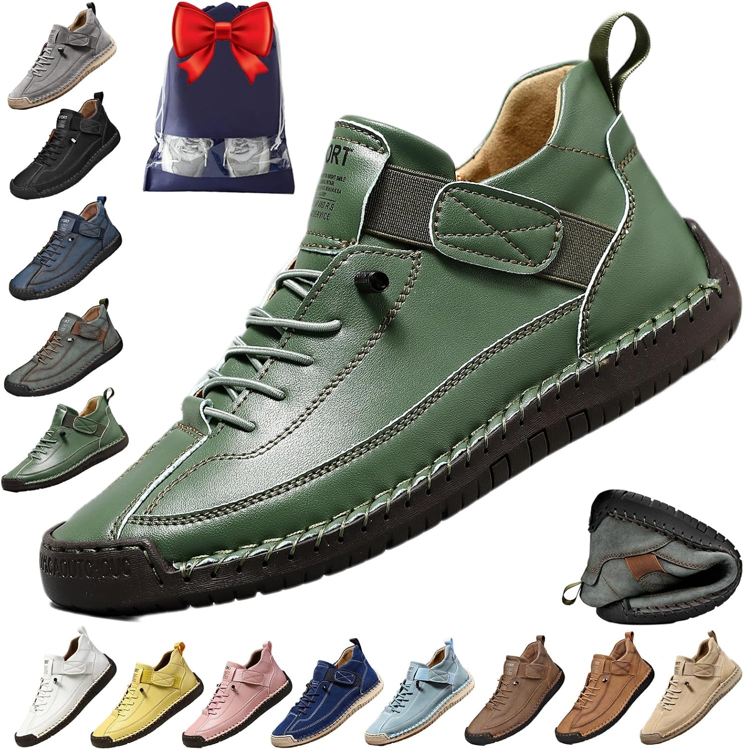 

Удобные ортопедические кроссовки, унисекс, ручная работа, кожаные удобные туфли, ботинки с мягкой ортопедической поддержкой Noclerv, Grenn 8.5women/7 Men