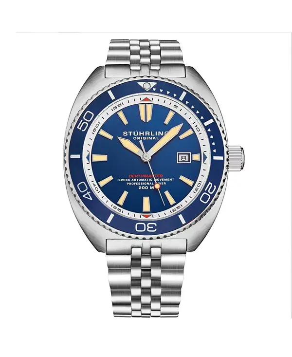 

1008 мужские автоматические часы со швейцарским механизмом, корпус из нержавеющей стали, синий циферблат, браслет Jubilee, водонепроницаемость 200 м, окошко даты, дайверские часы Stuhrling, blue