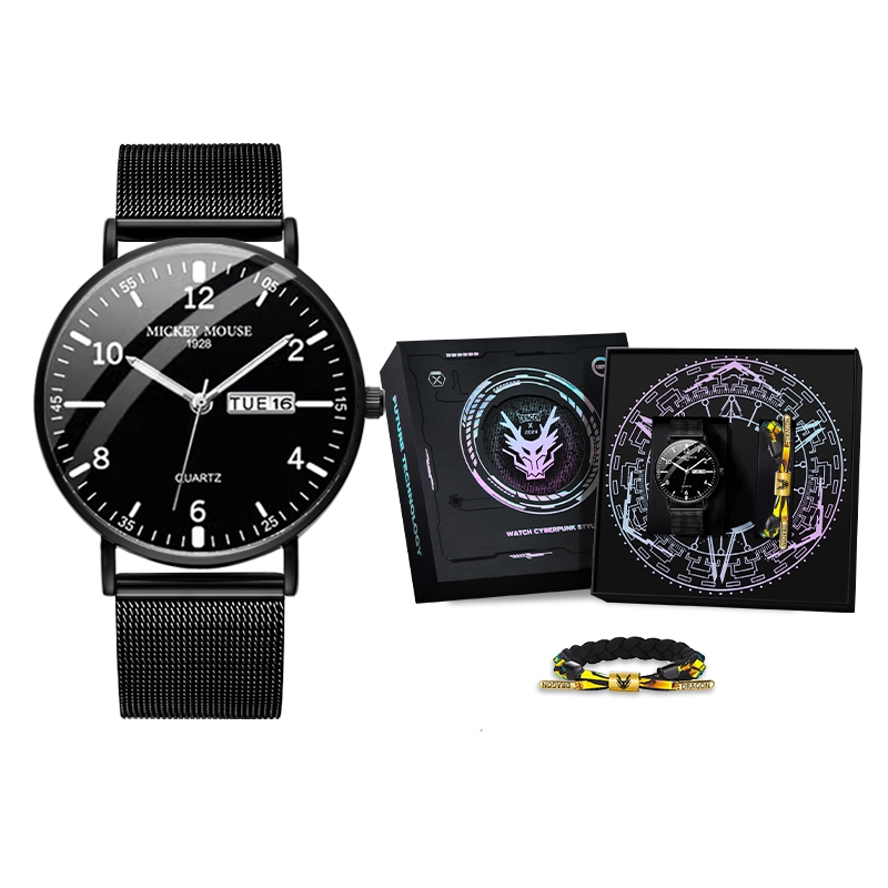 

Disney Часы Mickey Series Quartz Movement Steel Strap Watch Men's Watch Black Dial, MK-12053B3[Future Technology-Year of The Dragon Gift Box Set]