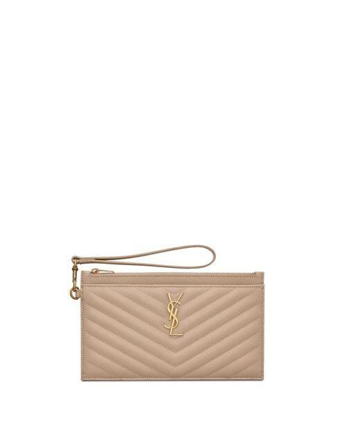 

Стеганый кожаный клатч-кошелек с монограммой Saint Laurent, цвет Tan/Beige