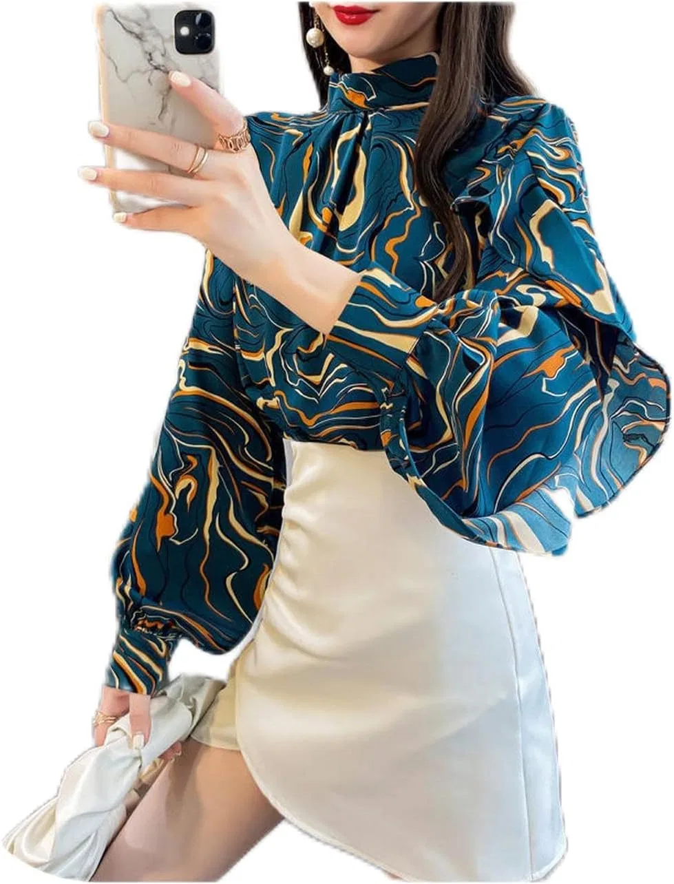 Блуза с цветочным принтом Graceful Flower Print Lantern Sleeve Casual Open Stitch Shirts, TieSen, синий