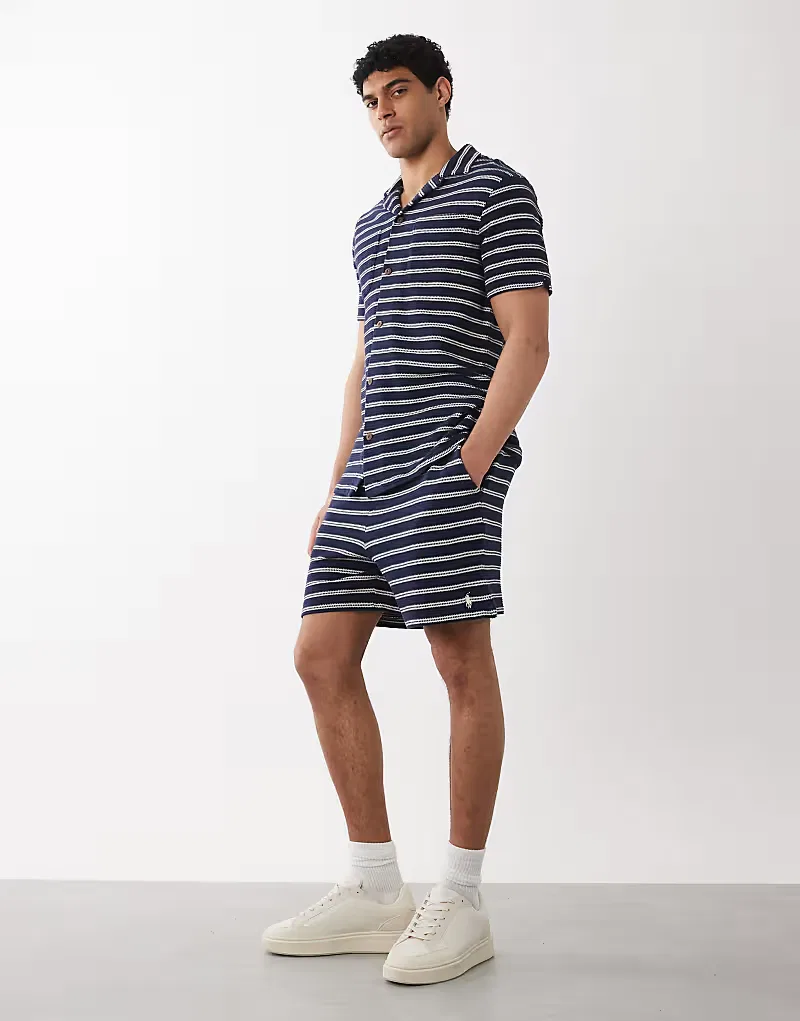 Вязаная полосатая рубашка Polo Ralph Lauren с короткими рукавами, темно-синий/кремовый — фото 2
