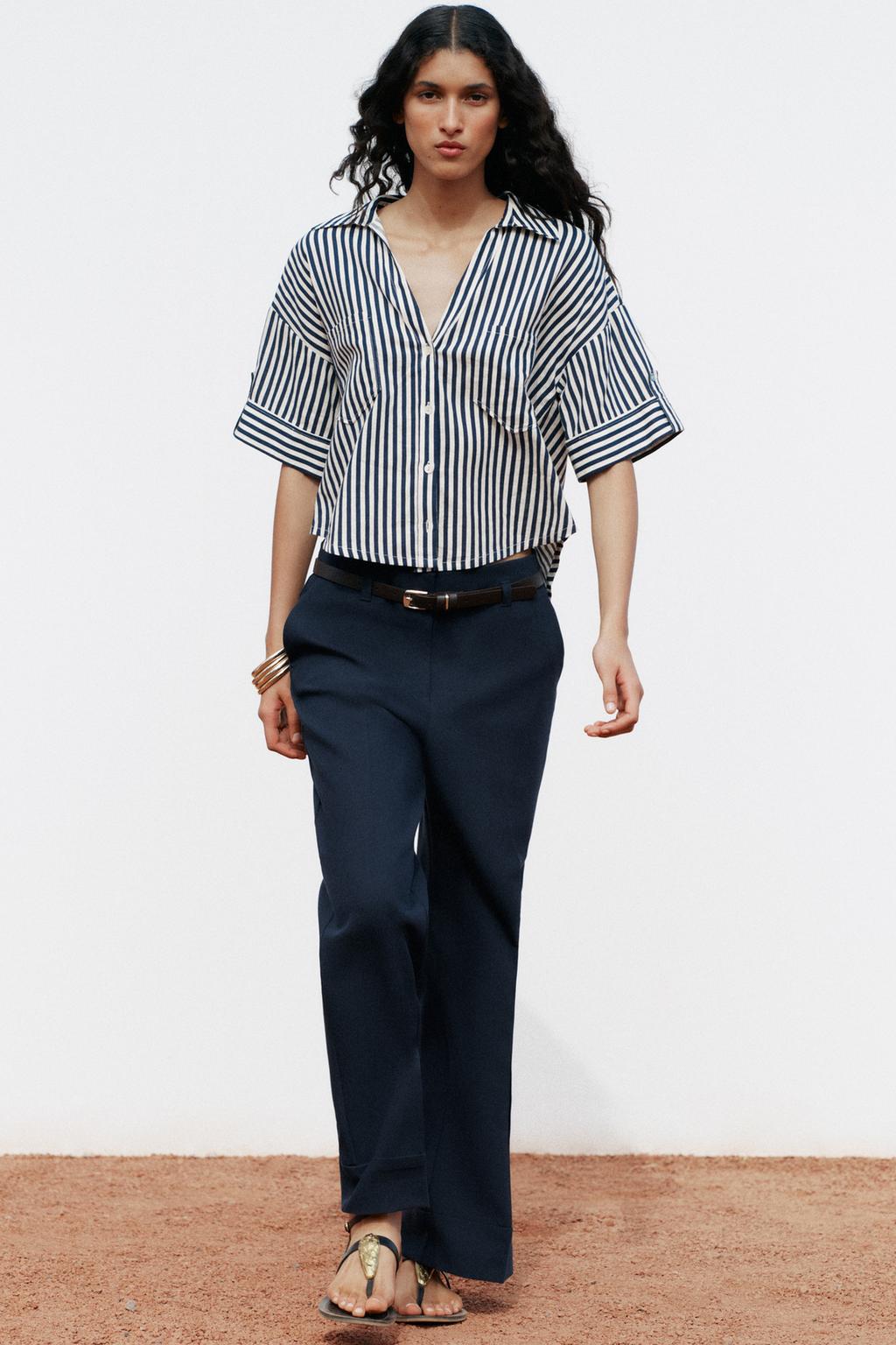 

Укороченная рубашка из льняной смеси ZARA, цвет Blue/White