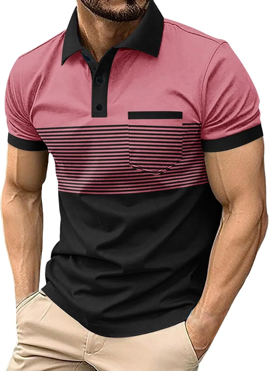 Мужское поло с коротким рукавом, полосатое, Slim Fit, с карманом, Pink