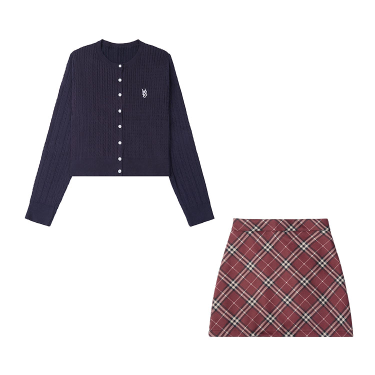 

КАЗАНЬ Женская униформа Huashan'S Cat, цвет 【Set】Navy blue cardigan + red small plaid uniform skirt