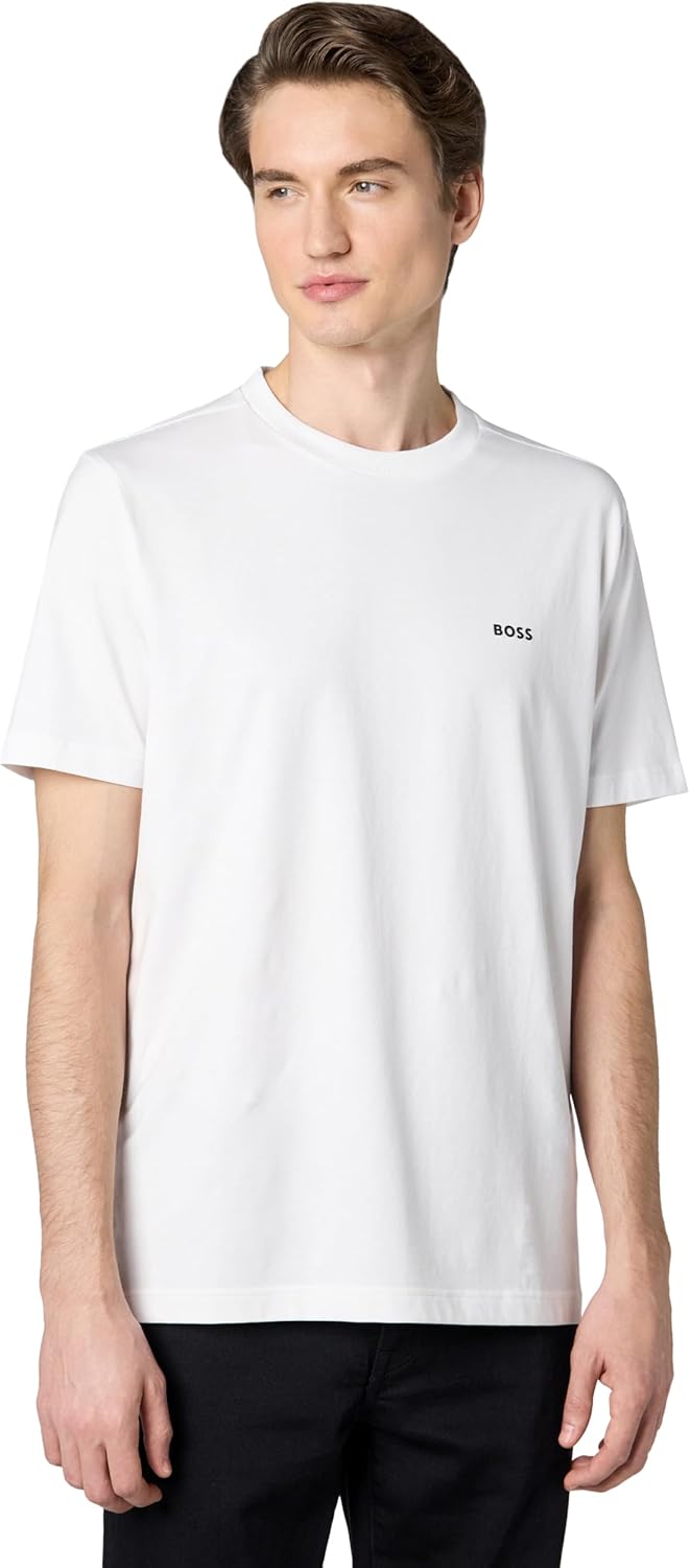 

Футболка BOSS Men's Contrast Logo из хлопка и эластичного хлопка, Crisp White, Белый, Футболка BOSS Men's Contrast Logo из хлопка и эластичного хлопка, Crisp White