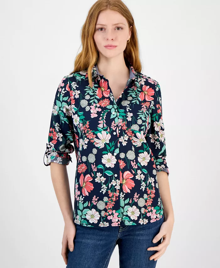 

Женская хлопковая рубашка в цветочек в клетку Tommy Hilfiger, синий