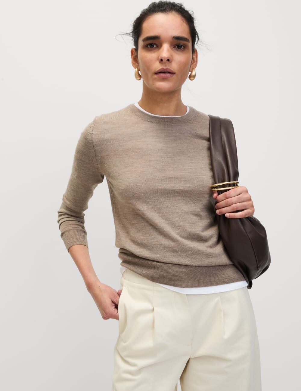 

Джемпер с круглым вырезом из чистой мериносовой шерсти Marks & Spencer, цвет Cappuccino