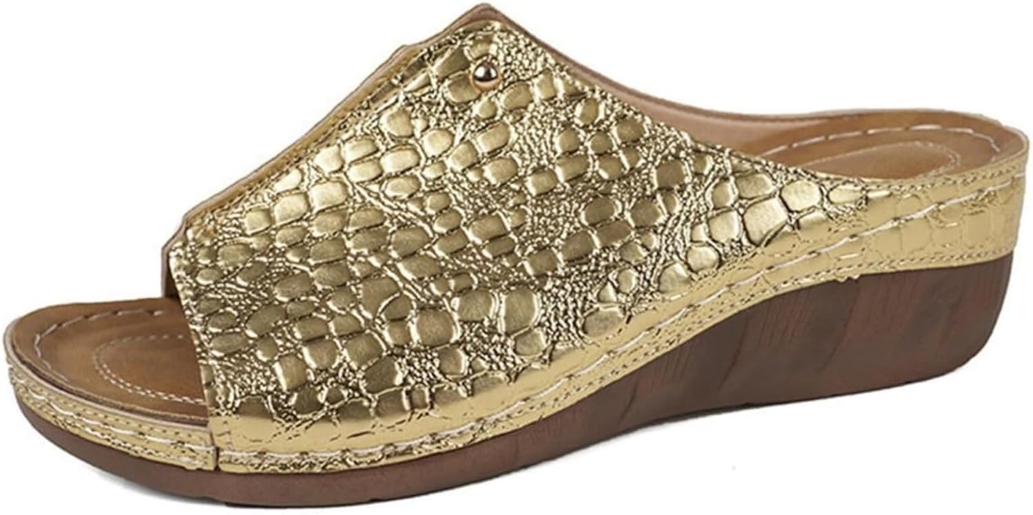 

Женские сандалии на танкетке, летние элегантные, удобные для прогулок, с ортопедической поддержкой свода, шлепанцы с низким каблуком, платформой, легкие повседневные сандалии с амортизирующей подошвой Generic, золотой