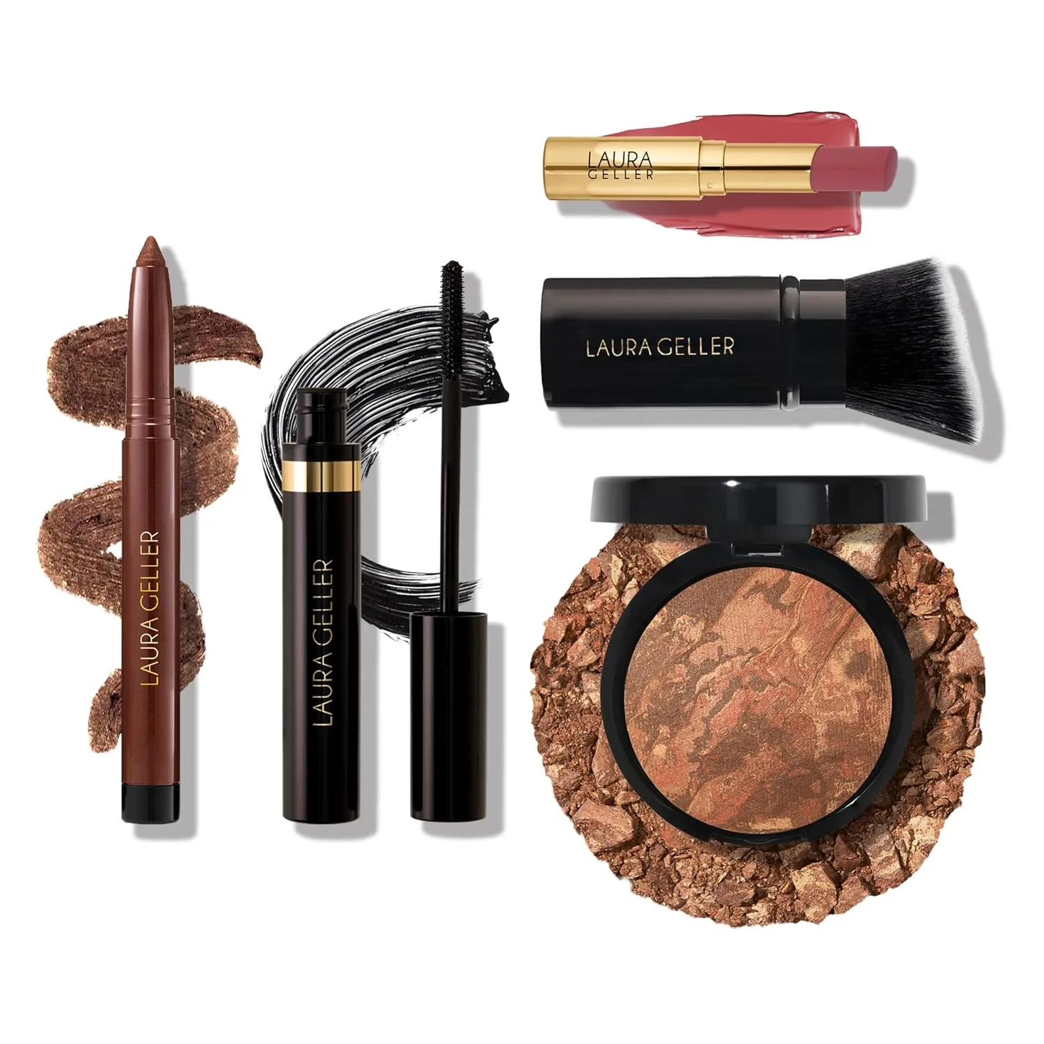 Набор Finishing Touches: тональная пудра Baked Balance-n-Brighten, Deep + кисть Airbrush Kabuki + бальзам для губ Jelly Balm, Figger Than Life + карандаш для глаз Kajal, Dark Brown + тушь Kajal Laura Geller, brown