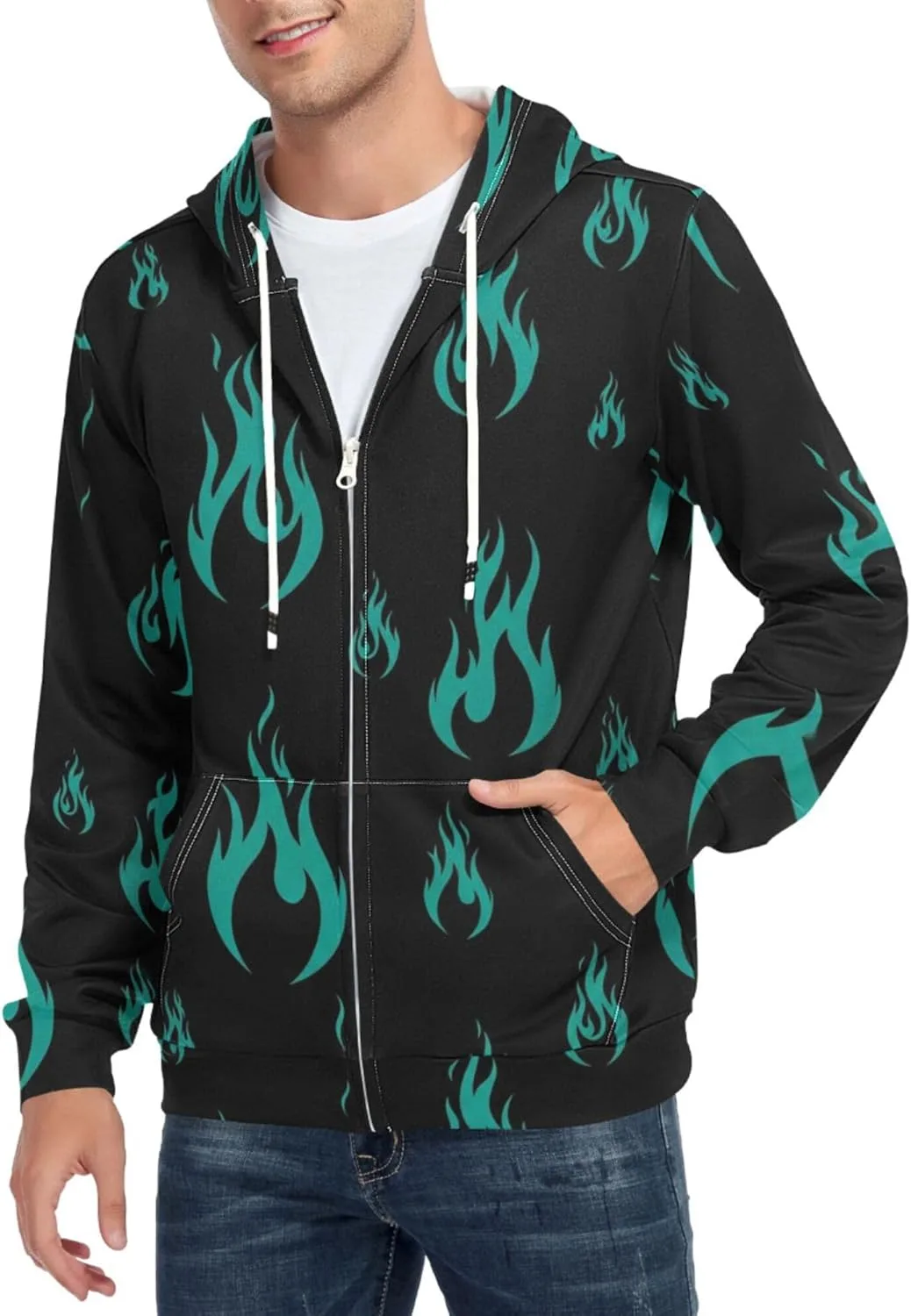 

Мужская толстовка с капюшоном на молнии, черная с синим принтом, с карманом CUPADA