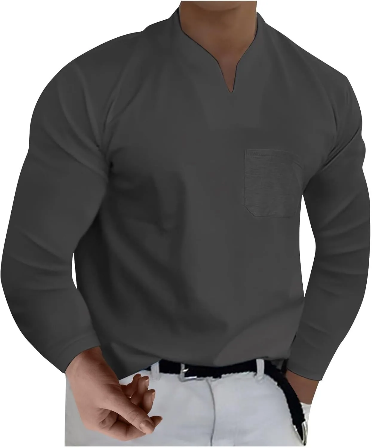 

Мужская футболка с длинным рукавом и V-образным вырезом, oversize, однотонная GOFULY