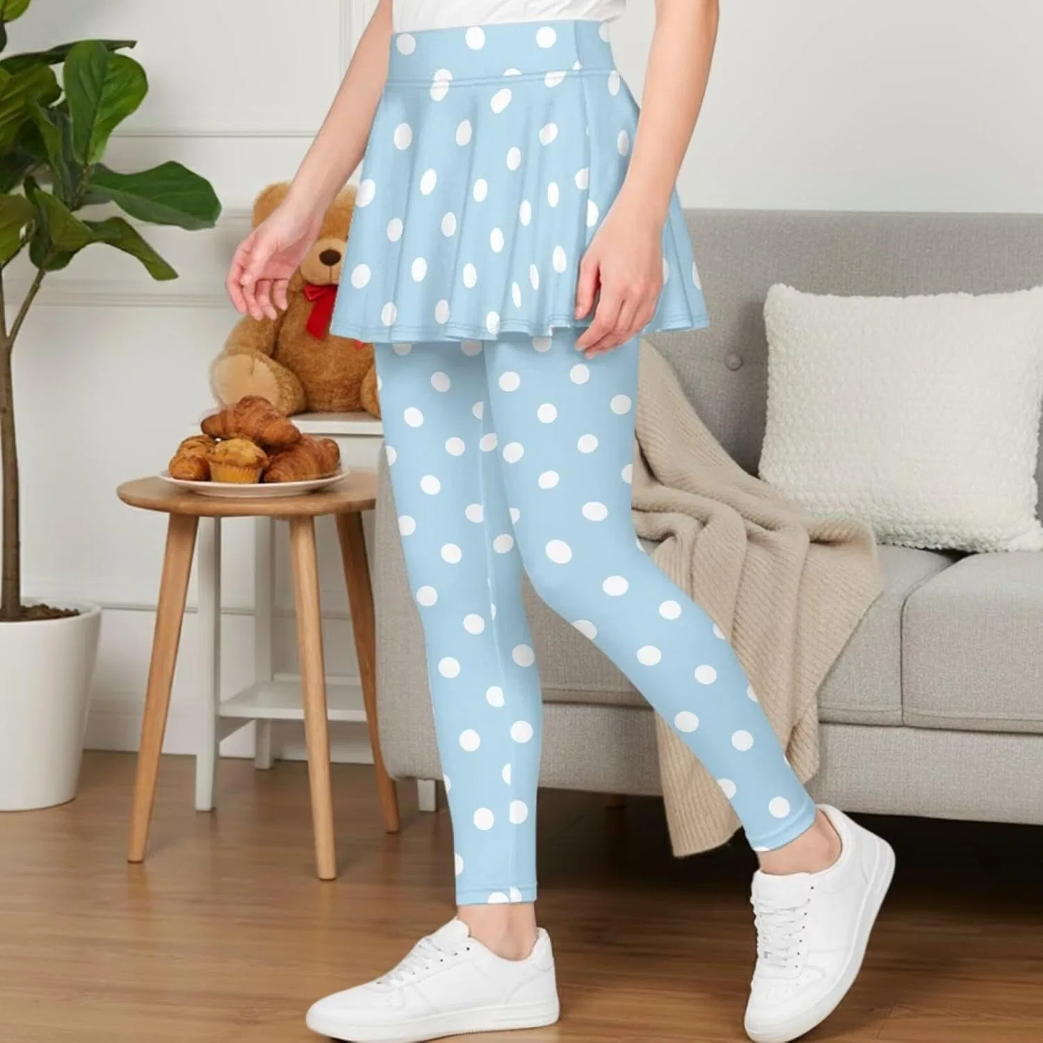 Леггинсы с юбкой для девочек Hresuewn, 2-в-1, White Polka Dot-blue — фото 3