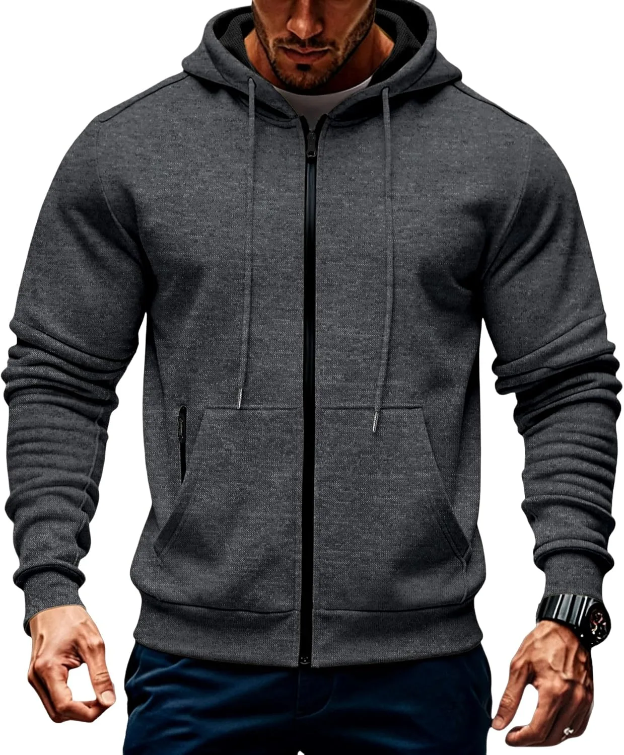 

Мужская флисовая толстовка с капюшоном, зимняя куртка на молнии с длинным рукавом и карманами TRFIC