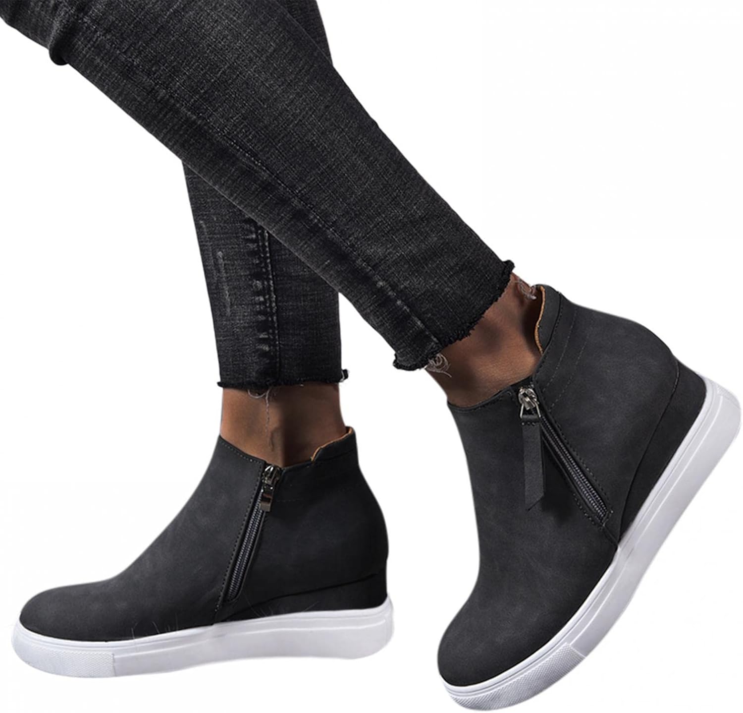 Женские платформенные ботинки Hbeylia Wedge, модные повседневные кожаные с округлым носком, на массивной подошве с высокими каблуками, ботильоны с боковой молнией, высокие модные кроссовки, короткие платьевые ботинки для рождественского декора,... — фото 3