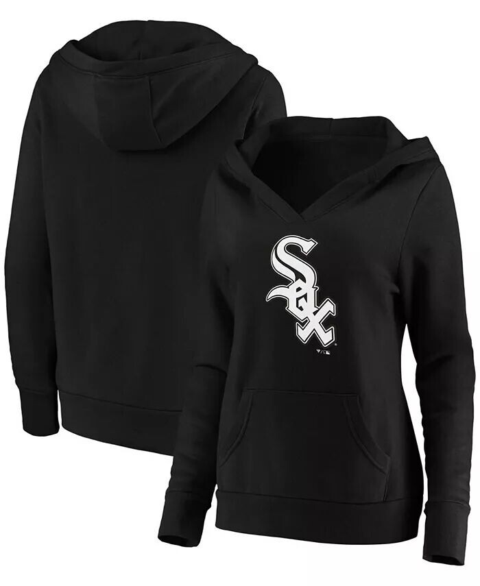 

Черный пуловер с капюшоном и v-образным вырезом размера плюс, черный Chicago White Sox с официальным логотипом Fanatics