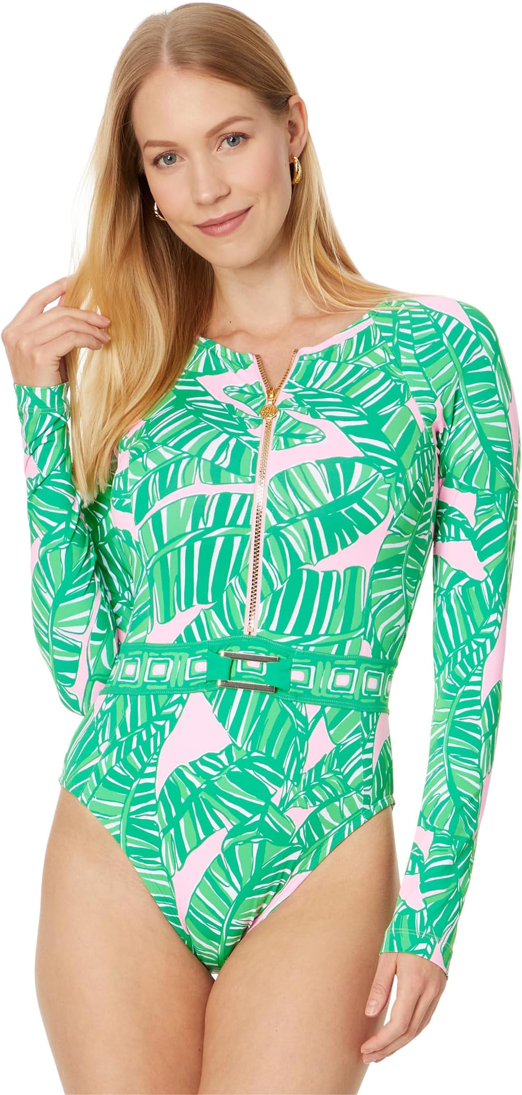 

Купальник Lilly Pulitzer Toretta Rashguard, цвет Conch Shell Pink Lets Go Bananas Engineered