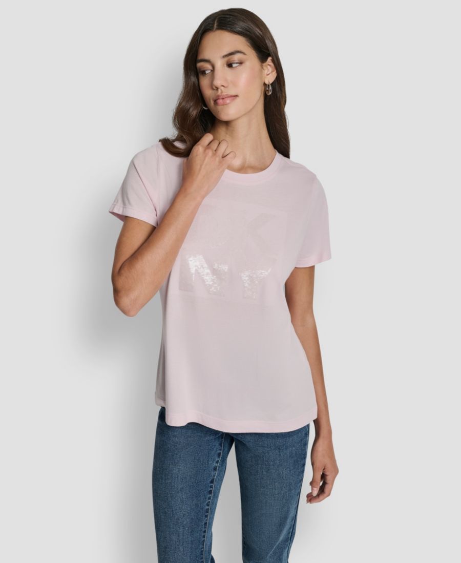 

Женская футболка с круглым вырезом и декорированным логотипом DKNY Jeans, Pink Moon/clear, Розовый, Женская футболка с круглым вырезом и декорированным логотипом DKNY Jeans, Pink Moon/clear
