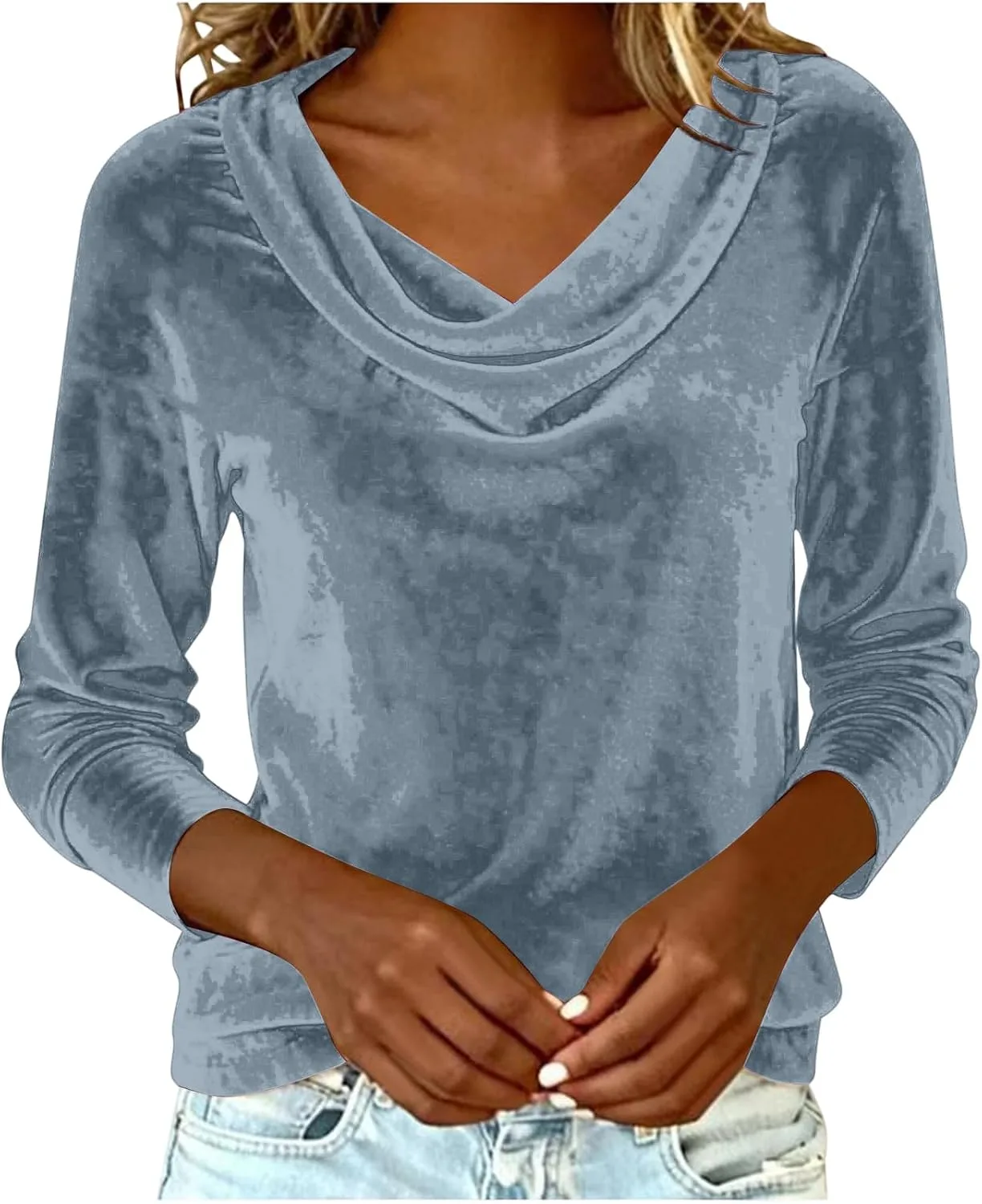 Вельветовый топ для женщин, нарядная блуза с длинным рукавом из велюра, винтажная футболка свободного кроя с капюшоном и драпировкой для праздничного образа generic, синий — фото 2