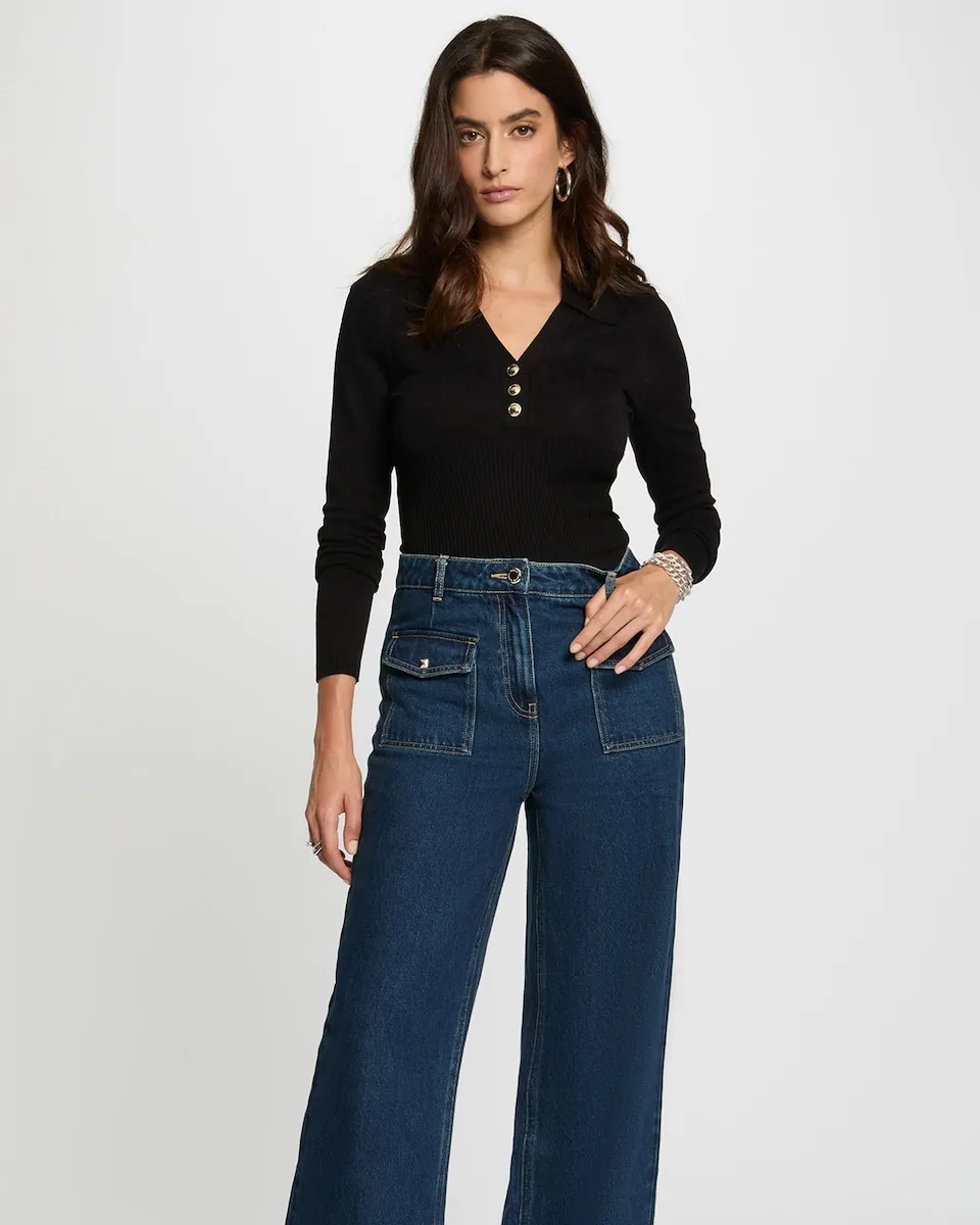 

Женский приталенный джемпер с воротником-поло Morgan, черный