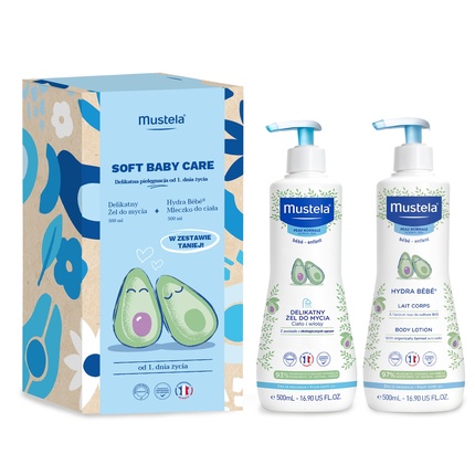 

Мягкий очищающий гель Soft Baby Care с первого дня жизни (500 мл) и молочко для тела (500 мл) Mustela