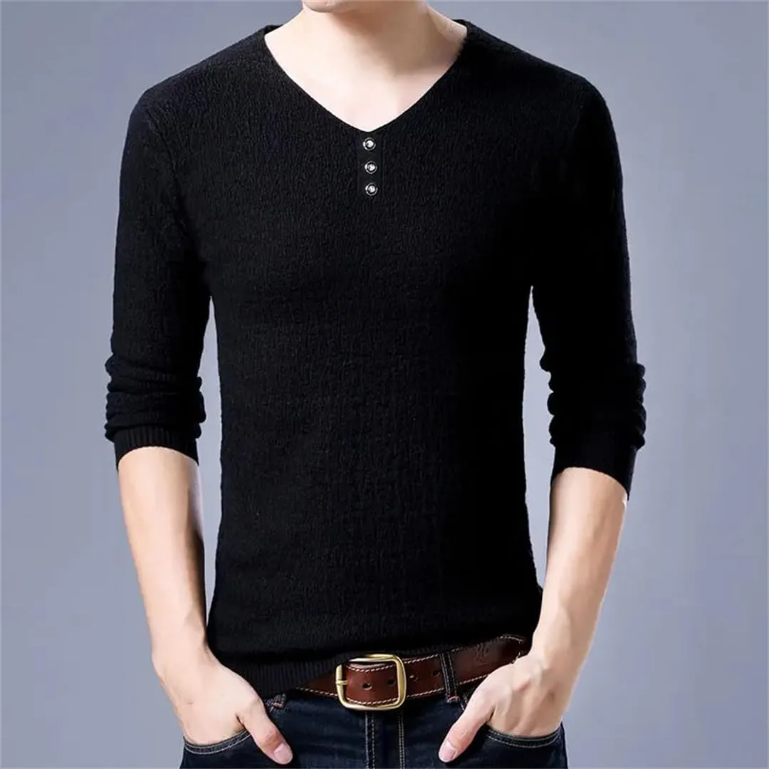 Мужской вязаный свитер с V-образным вырезом и пуговицами Slim Fit — фото 2