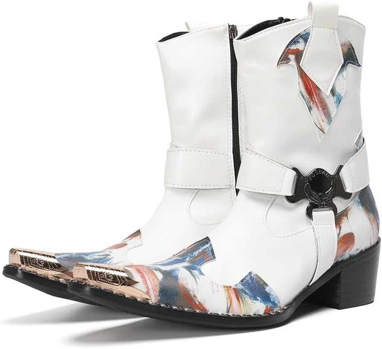 Мужские ботинки Abborora Cowboy для торжественных и повседневных случаев, из натуральной кожи, высокие, с металлической отделкой, застежкой-молнией, западного стиля, модные, для свадьбы, певца, вечеринки, бального зала, ботинки Челси, белый — фото 2