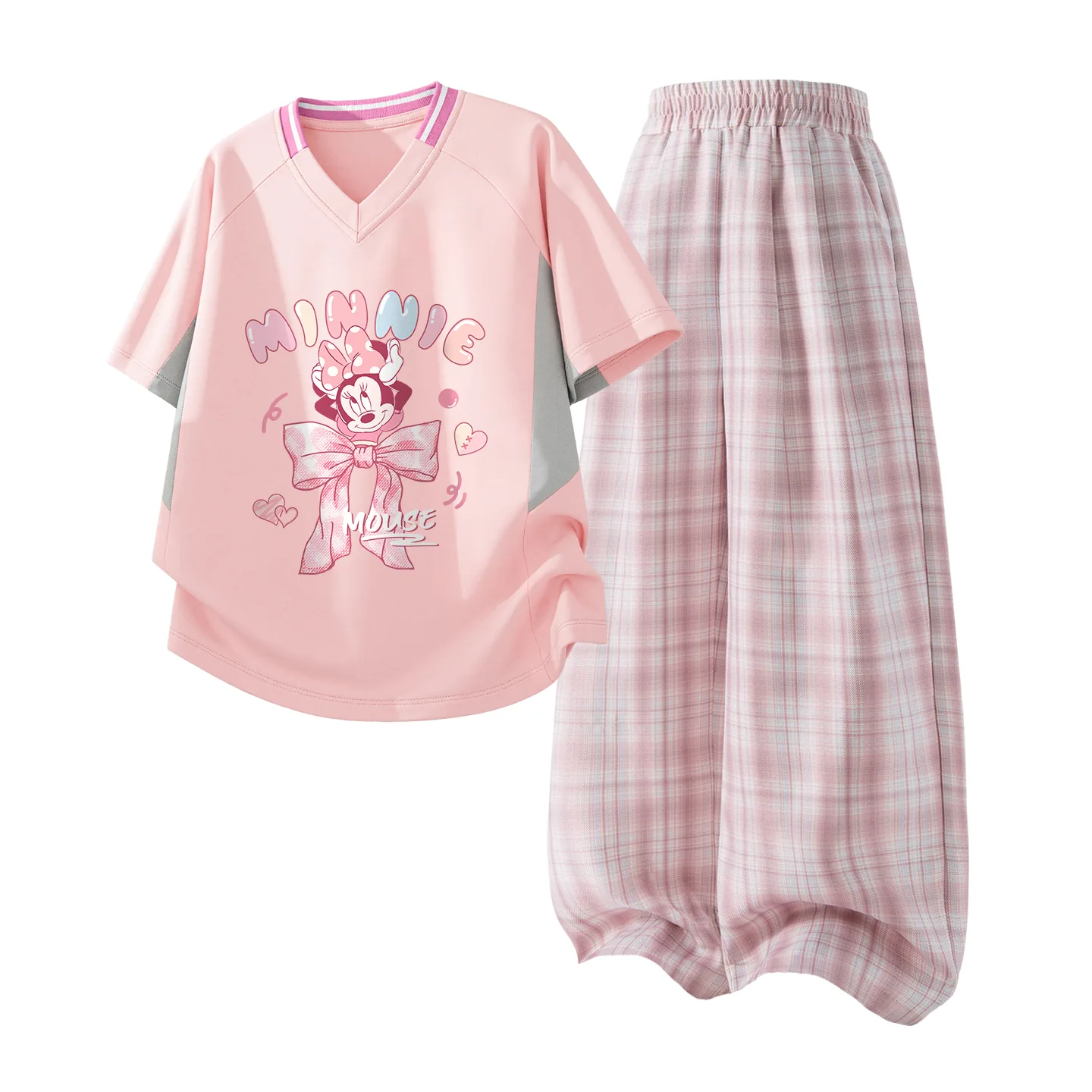 Детская спортивная одежда с V-образным вырезом Disney, Di Yue Jie Powder+Solid Color Quartz Pink