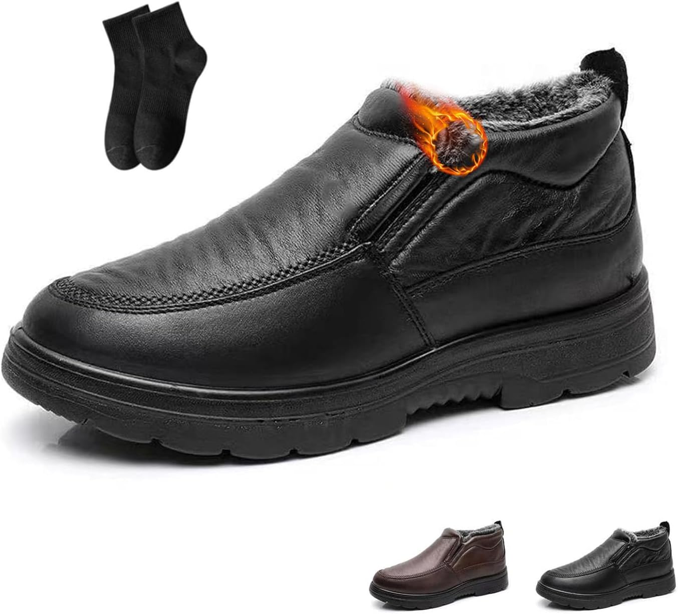 

Мужские зимние сапоги NoworFewer с подкладкой из теплого меха, кожаные, без застежки, ортопедические, зимние низкие, противоскользящие, водонепроницаемые, легкие и удобные лоферы для пожилых, черный