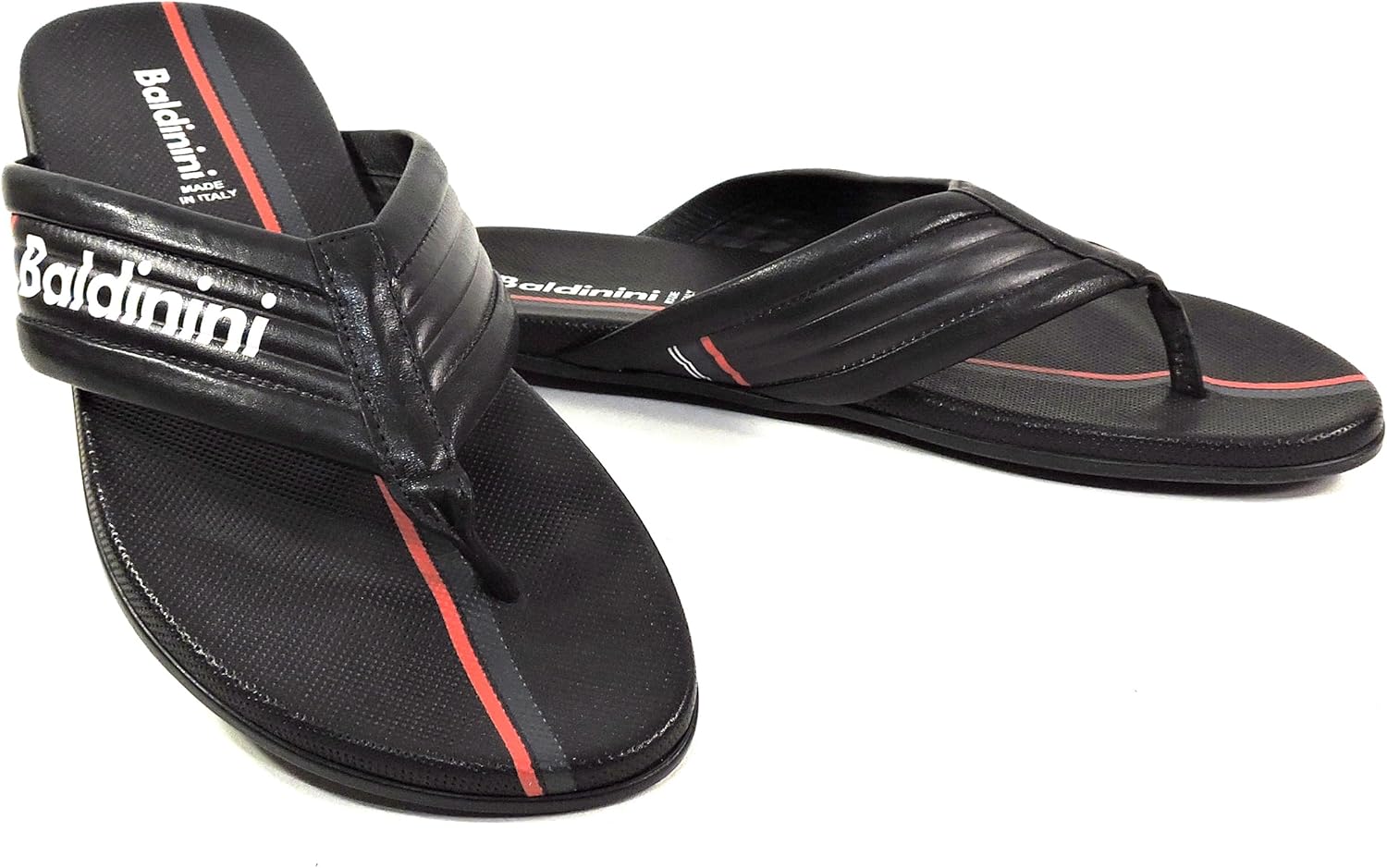 

Мужские кожаные сандалии Baldinini, черные с красной полоской, сделано в Италии, комфортная плоская подошва
