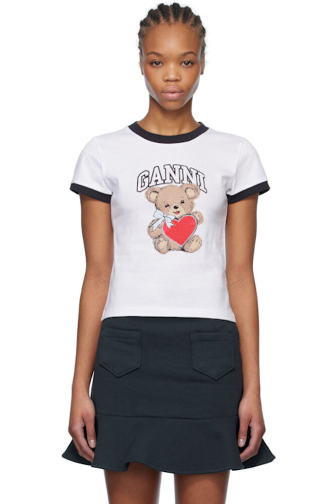

Белая футболка с принтом медведя из джерси GANNI