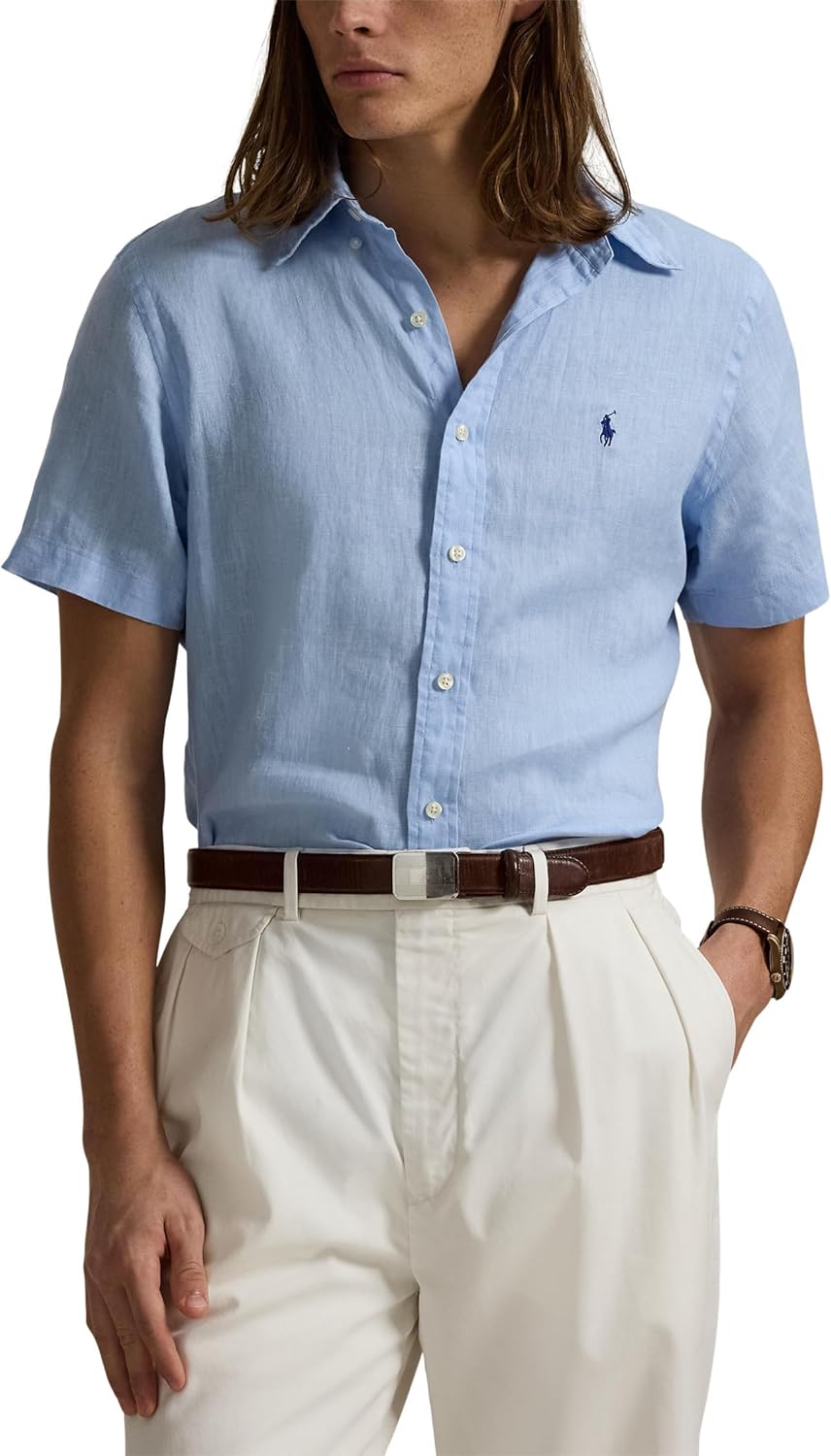 

Мужская льняная рубашка Polo Ralph Lauren с коротким рукавом - классика, Office Blue