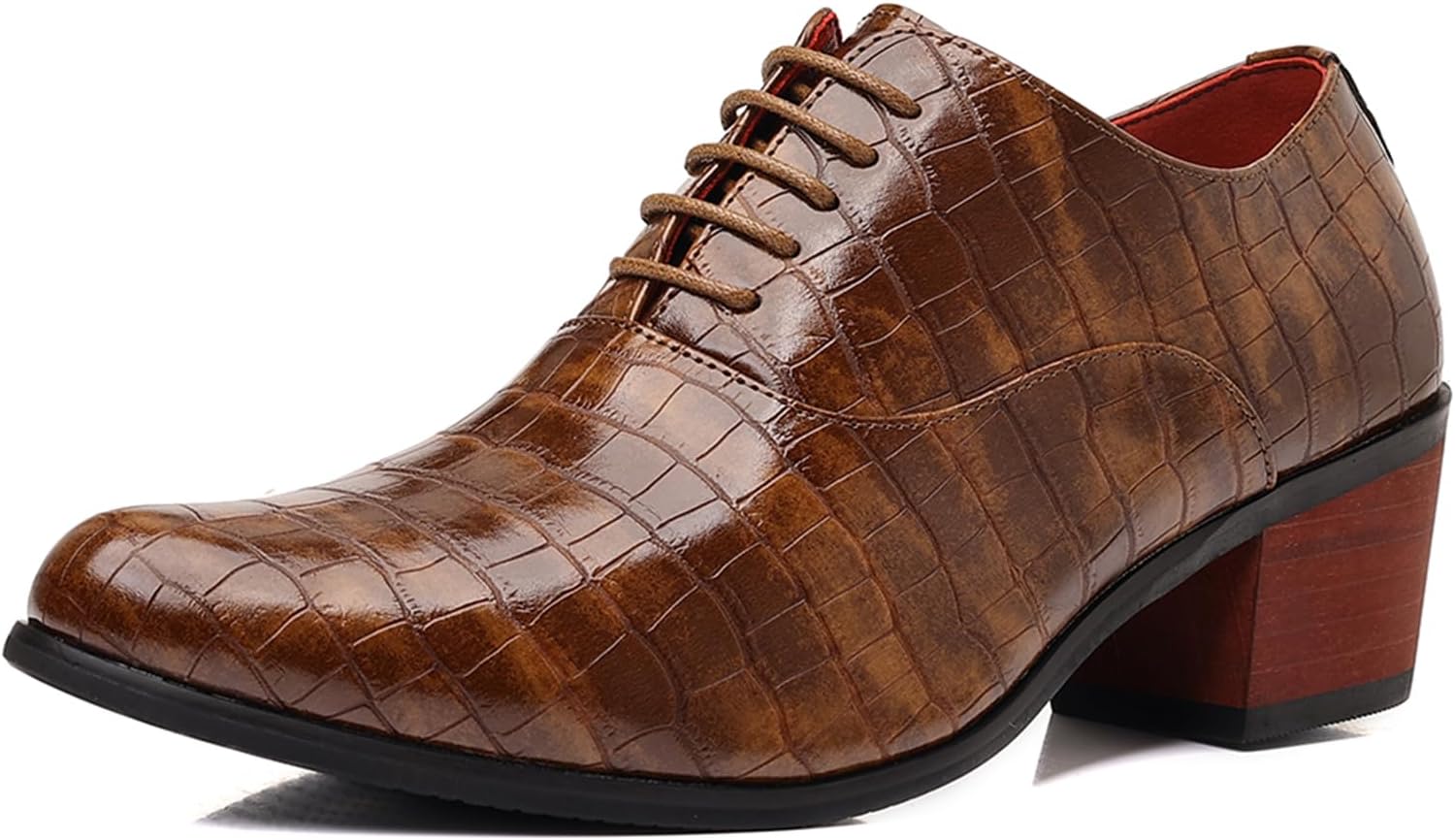 

Мужские туфли оксфорды из натуральной кожи с тиснением под крокодила, на шнуровке, с массивным каблуком, нескользящие, с заостренным носком, для прогулок, бизнеса, официальных мероприятий, свадеб и офисной работы Tixewsjh, коричневый