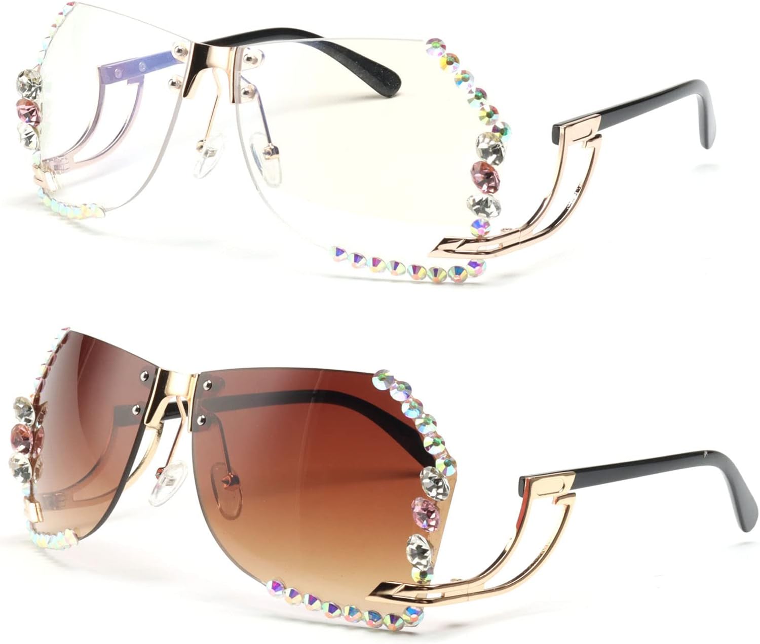 

COTIA Винтажные модные солнцезащитные очки большого размера без оправы, украшенные стразами, для женщин и мужчин, с многоугольными кристаллами и бриллиантами, Clear&brown